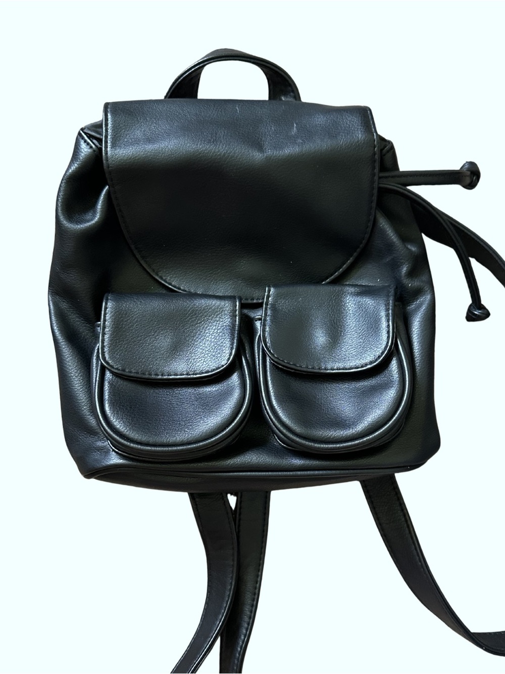 Black Faux Leather Mini Backpack with Front Pockets